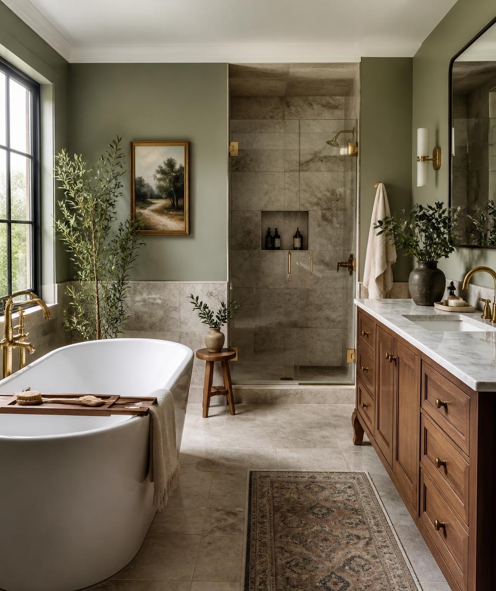 Renovated bathroom with freestanding tub and green walls