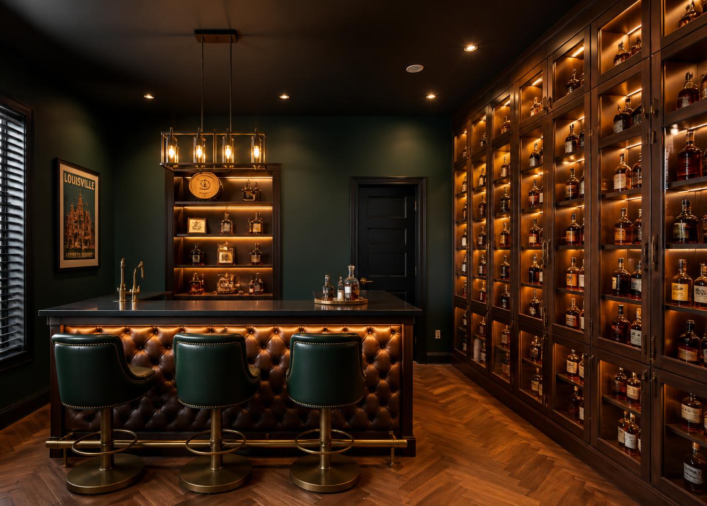 A custom bourbon tasting room with glass-front display cabinetry