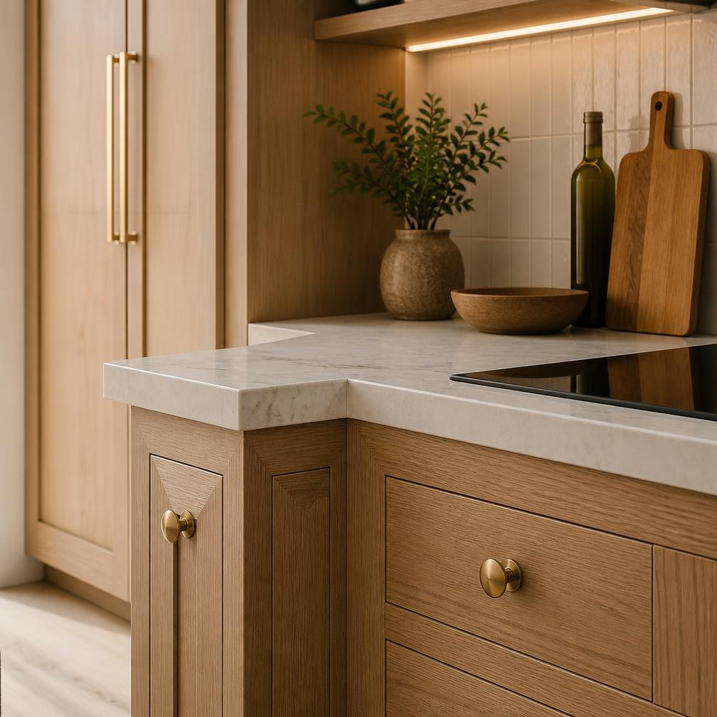 Custom oak kitchen cabinetry detail with brass hardware